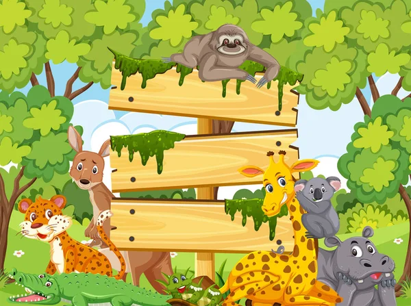 Drewniany Szablon Znak Dzikimi Zwierzętami Parku Ilustracja — Wektor stockowy