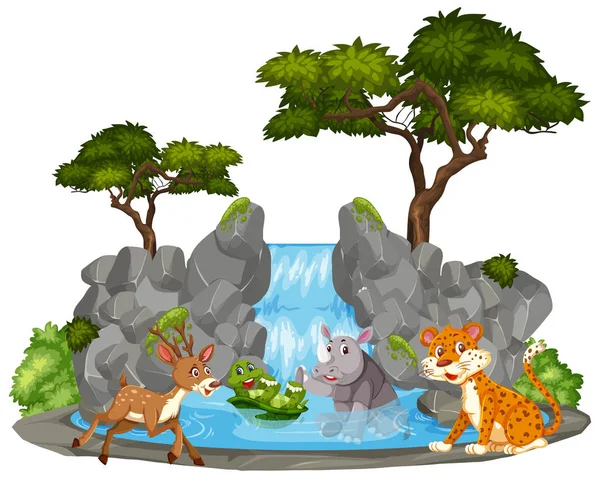 瀑布插图的动物背景场景 — 图库矢量图片