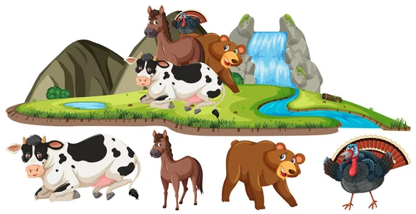 白天在瀑布边和许多动物在一起的场景 — 图库矢量图片