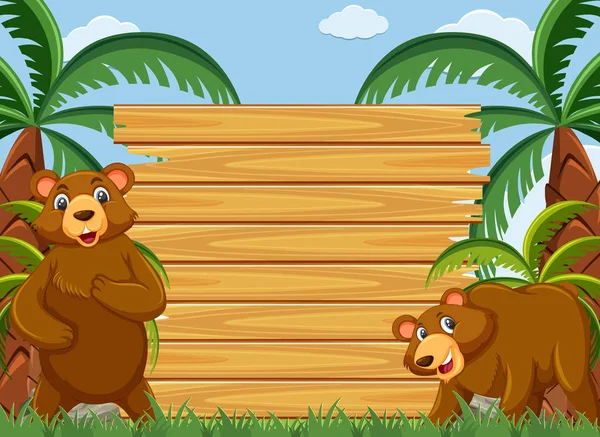 Houten Bord Sjabloon Met Grizzly Beren Het Park Illustratie — Stockvector