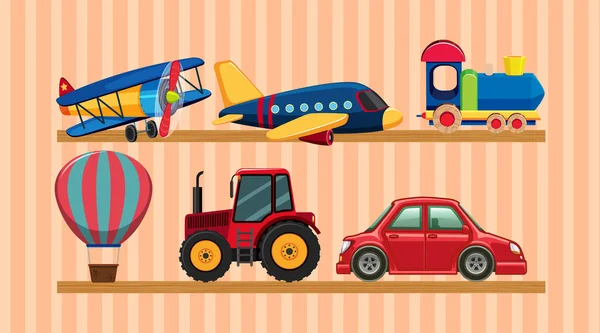Many Transportation Toys Wooden Shelves Illustration — Stock Vector