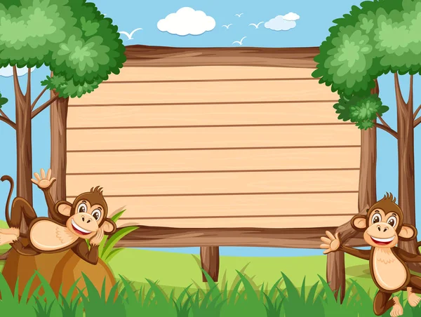 Plantilla Letrero Madera Con Monos Felices Ilustración Del Parque — Vector de stock