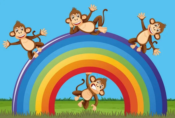 Escena Con Monos Felices Gran Arco Iris Parque Ilustración — Vector de stock