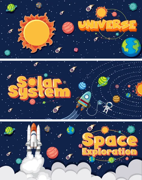 Drei Hintergrundbilder Mit Vielen Planeten Der Abbildung Des Sonnensystems — Stockvektor