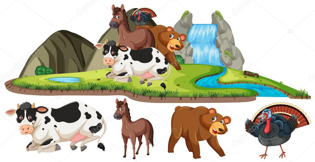 Scene with many animals by the waterfall at day time illustration