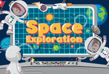 Poster design with astronauts flying in the control room illustration clipart