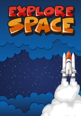 Karanlık uzay çiziminde uçan uzay gemisi ile poster tasarımı