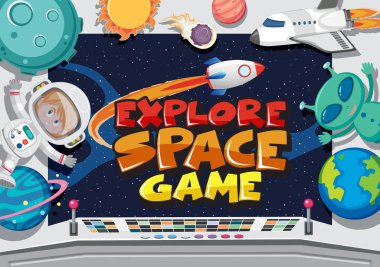 Uzay oyunu resimlemesi ile oyun başlığı şablonu tasarımı