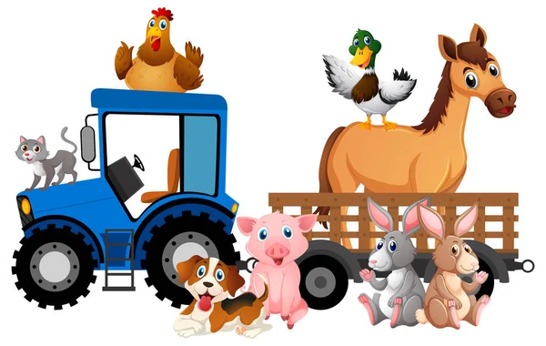 Muchos Animales Granja Montando Tractor Sobre Fondo Blanco Ilustración — Archivo Imágenes Vectoriales