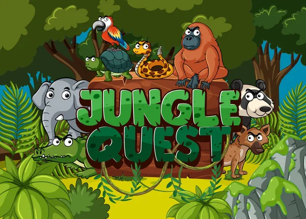 Projektowanie Czcionki Jungle Quest Many Animals Forest Illustration — Wektor stockowy