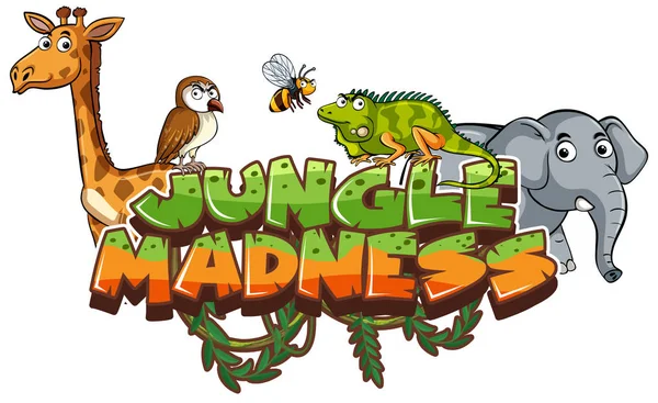 Lettertype Ontwerp Voor Woord Jungle Waanzin Met Wild Dieren Illustratie — Stockvector