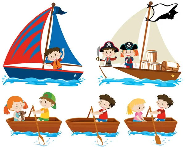 Σύνολο Χαρούμενα Παιδιά Ιστιοπλοϊκά Σκάφη Λευκό Φόντο Εικονογράφηση — Διανυσματικό Αρχείο