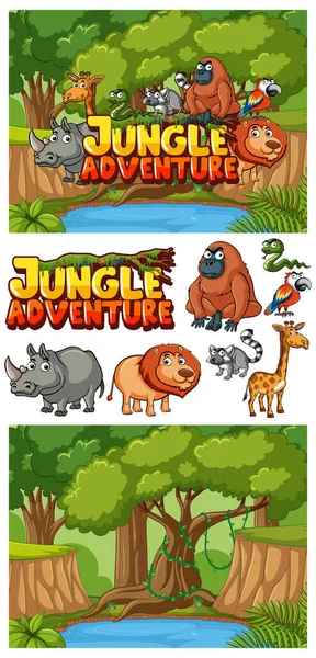 Diseño Fondo Para Aventura Selva Con Animales Ilustración Del Bosque — Vector de stock