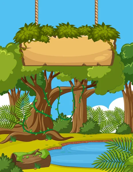 森林图上有许多树木和木制标志的背景场景 — 图库矢量图片