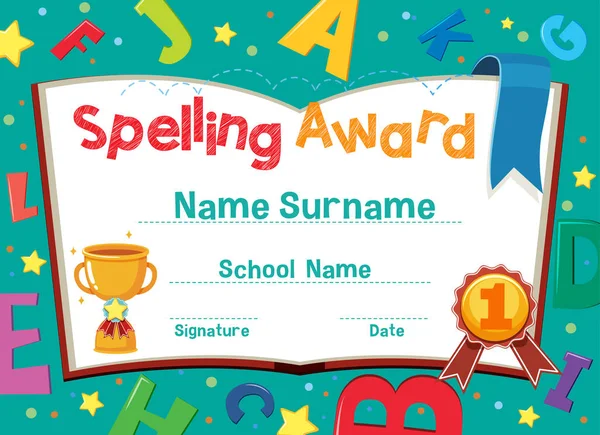 Certificaat Sjabloon Voor Spelling Award Met Alfabetten Achtergrond Illustratie — Stockvector