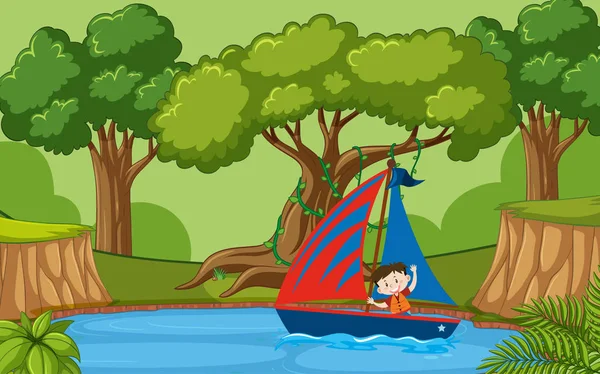 Cena Fundo Com Menino Velejando Barco Ilustração Floresta —  Vetores de Stock