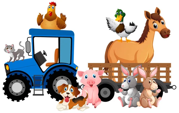 Många Husdjur Ridning Traktor Vit Bakgrund Illustration — Stock vektor