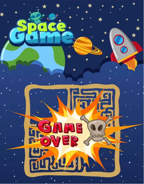 Weltraumspiel Vorlage Mit Spiel Über Auf Dem Bildschirm Illustration — Stockvektor