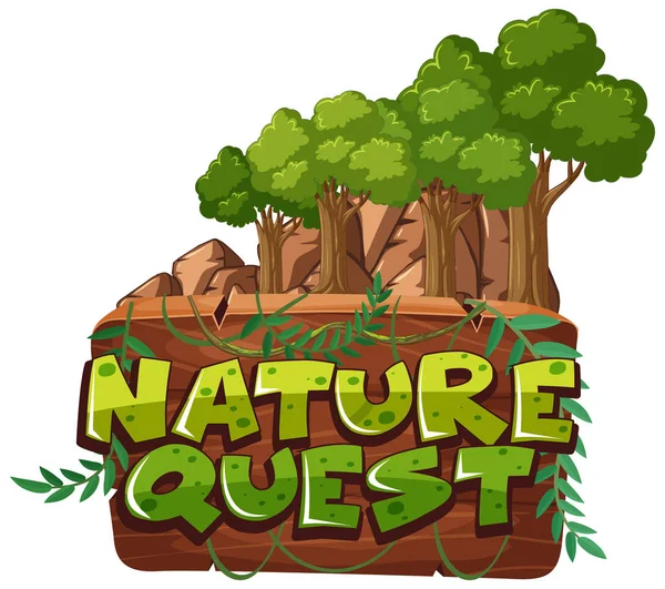 Lettertype Ontwerp Voor Woord Natuur Quest Met Bomen Achtergrond Illustratie — Stockvector