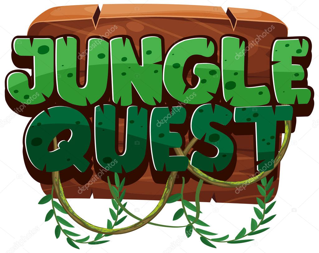 Wooden sign with word jungle quest on white background illustration