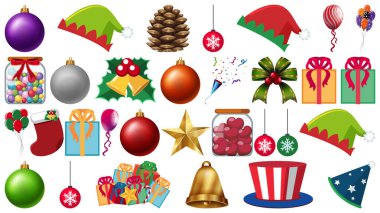 Beyaz arkaplan illüstrasyonunda parti süslemeleri ve diğer dekorasyonlar