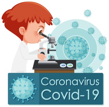 Coronavirus poster tasarımı. Mikroskop çizimine bakan bir doktor.