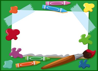 Boya kalemleri ve boya fırçası resimleriyle arkaplan tasarımı şablonu