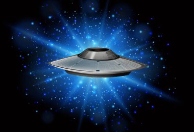 Karanlık galaksi illüstrasyonunda uçan uzay gemisi sahnesi