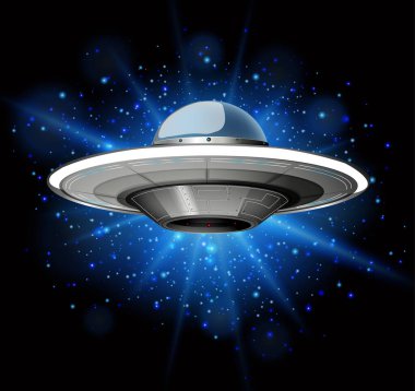 Karanlık galaksi illüstrasyonunda uçan uzay gemisi sahnesi