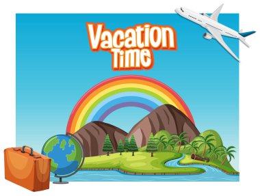 Sözcük tatili için yazı tipi tasarımı şablonu ve uçak uçan illüstrasyon