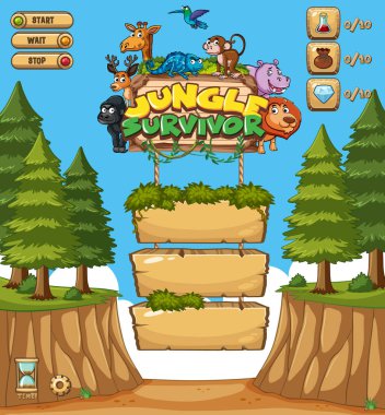 Orman arkaplanındaki ağaçlarla birlikte oyun şablonu tasarımı