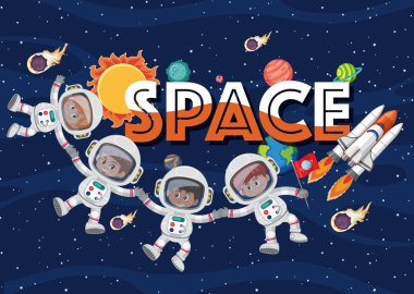 Uzay arkaplan illüstrasyonunda astronotların ve uzay gemisinin poster tasarımı