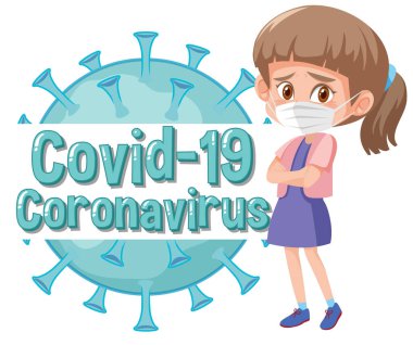 Coronavirus poster tasarımı hasta kız ve virüs hücre çizimi