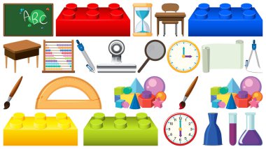 Beyaz arkaplan illüstrasyonunda büyük okul ögeleri kümesi