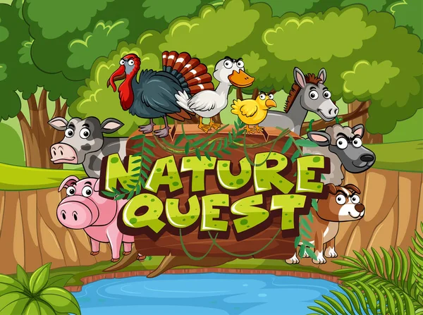 Projektowanie Czcionki Dla Nature Quest Animals Trees Background Illustration — Wektor stockowy