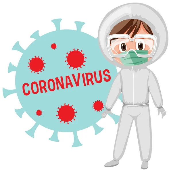 Poster Design Coronavirus Avec Médecin Pleine Protection Illustration — Image vectorielle