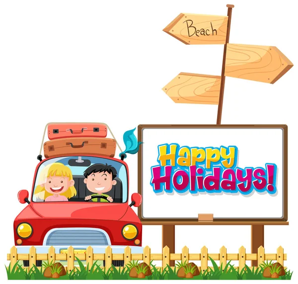 Font Design Template Word Happy Holidays People Driving Car Illustration — Stock Vector