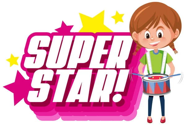 Lettertype Design Voor Woord Superstar Girl Playing Drum Illustration — Stockvector