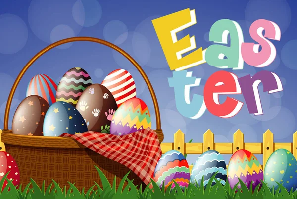 Happy Easter font design with painted eggs in garden illustration