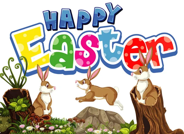 Veselý Velikonoční Písmo Velikonočními Zajíčky Zahradní Ilustraci — Stockový vektor
