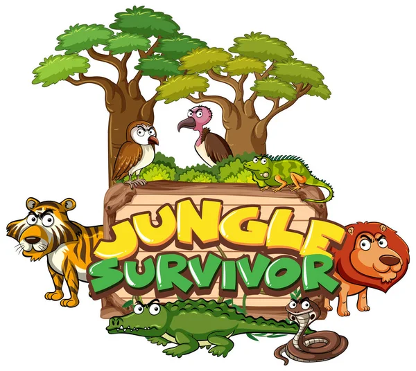 Lettertype Ontwerp Voor Woord Jungle Survivor Met Dieren Achtergrond Illustratie — Stockvector