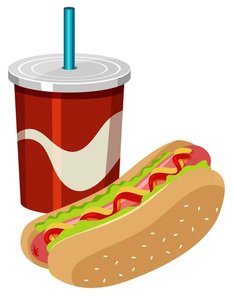 Cangkir Soda Dan Hotdog Pada Ilustrasi Latar Belakang Putih - Stok Vektor