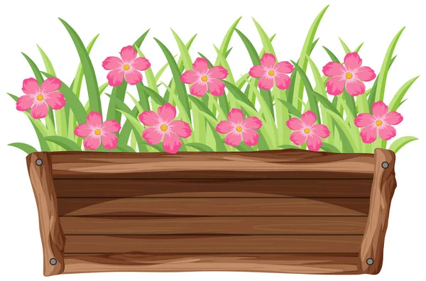 白い背景のイラストの上に木製のバケツのピンクの花 — ストックベクタ