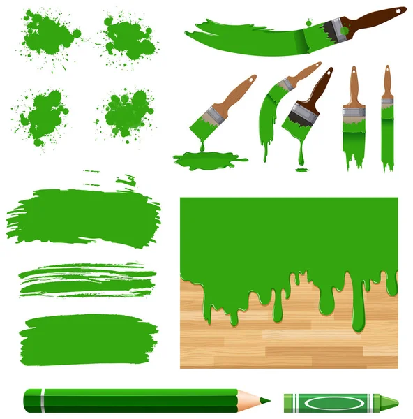 Set Von Aquarellmalerei Grün Mit Illustration Von Geräten — Stockvektor