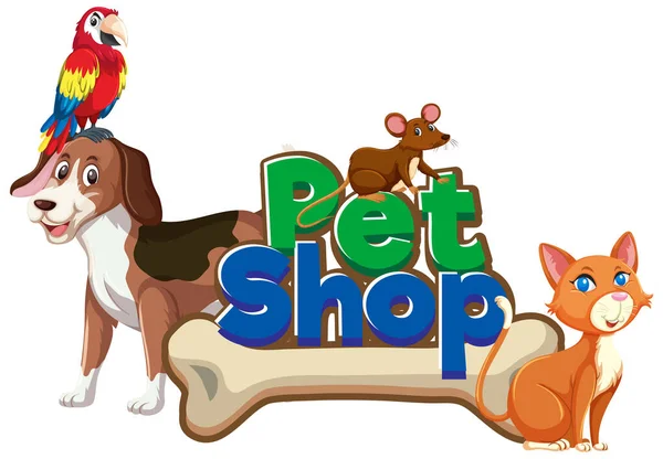 Carattere Design Parola Pet Shop Con Molti Animali Illustrazione — Vettoriale Stock