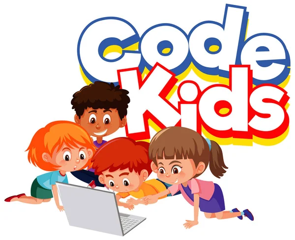 Design Fonte Para Crianças Código Palavra Com Crianças Trabalhando Ilustração — Vetor de Stock