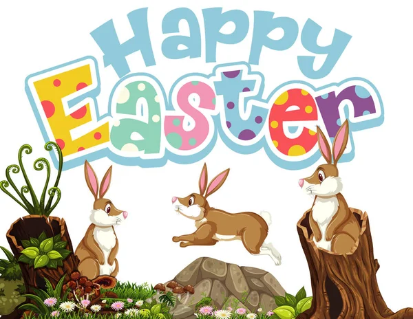 Happy Easter Font Design Easter Bunnies Garden Illustration — Stock Vector