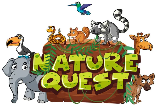 Lettertype Ontwerp Voor Woord Natuur Quest Met Veel Wilde Dieren — Stockvector