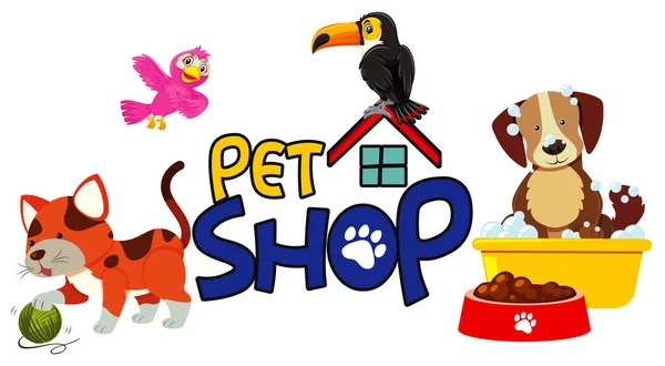 Projektowanie Czcionki Dla Pet Shop Many Cute Animals Illustration — Wektor stockowy