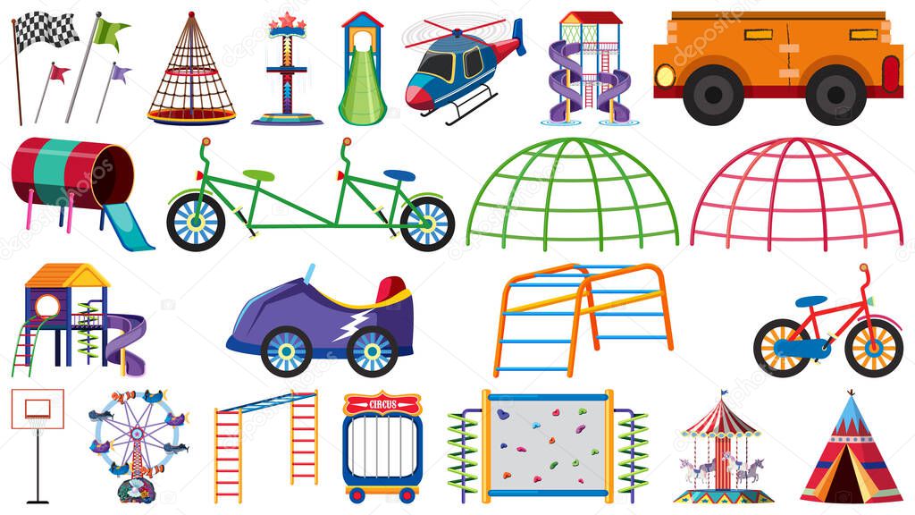 Set of differnt play station at the playground on white background illustration